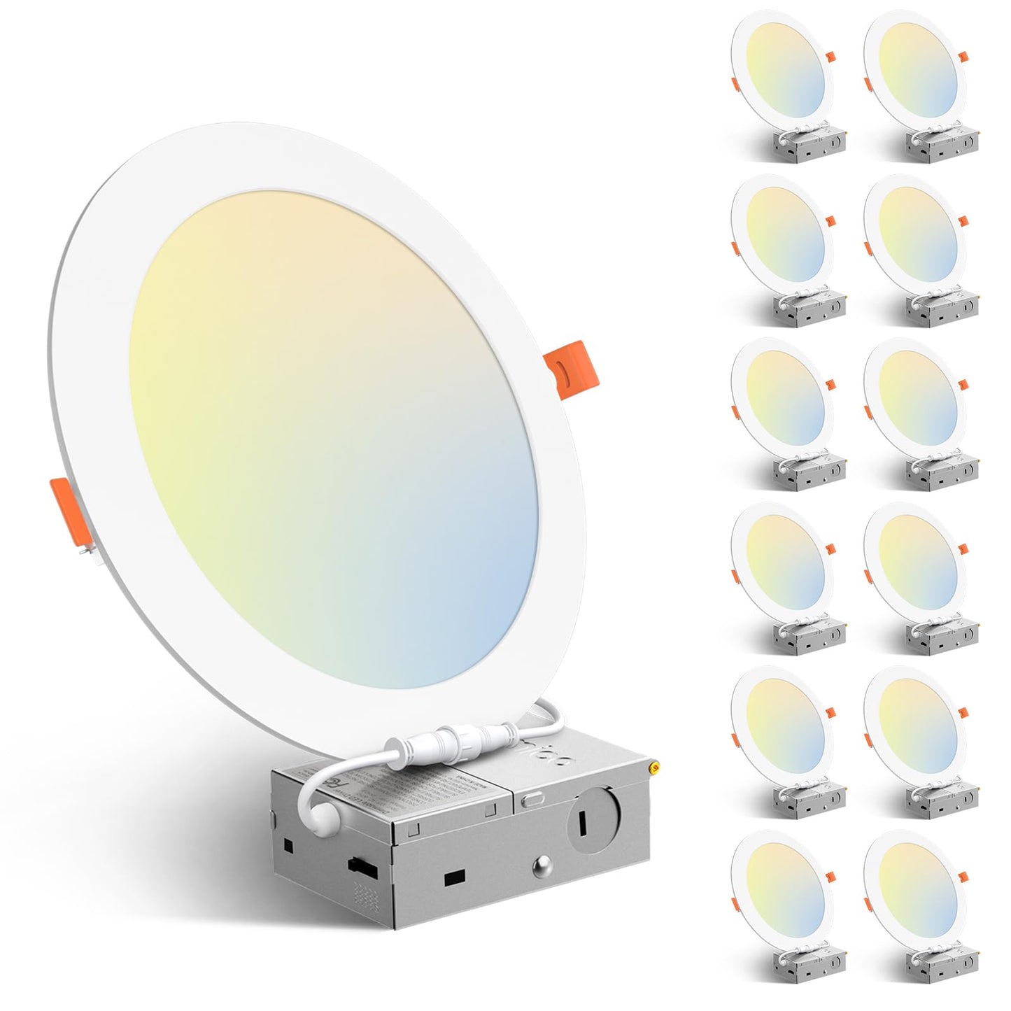 Amico 12 Pack 6 Inch LED Recessed Lighting, Canless Wafer Downlight, White | 5CCT 2700K-5000K, 5%-100% Dimmable, Ultra-thin, Metal housing, 1050LM 12W 120V, IC & Damp Rated, ETL & FCC, 50000h Life Span