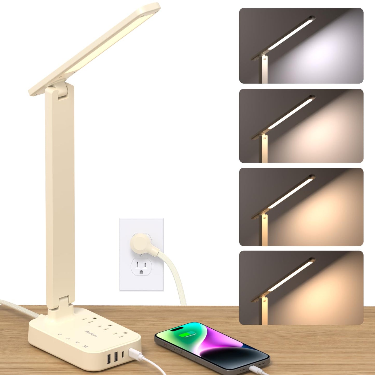 Addtam LED Desk Lamp, Power Strip with 3 Outlets 4 USB Charging Ports(2 USBC), 4 Modes 5 Level Brightness Touch Lamp, Small Desk Lamp for Home Office College Dorm Room Essentials