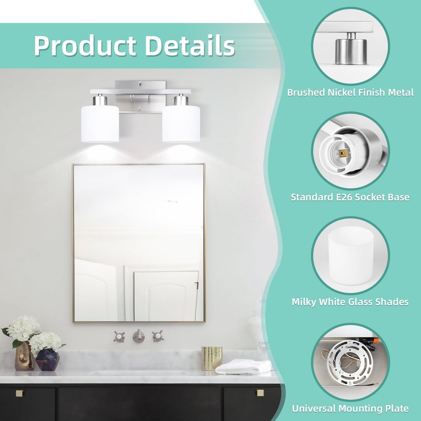 SILAMPDI 2-Light Bathroom Vanity Light Fixtures Over Mirror Brushed Nickel | Modern Milky White Frosted Glass Shades, Anti-Rust Finished, Wall Sconce for Bedroom Restroom, E26 Socket, Easy Installation