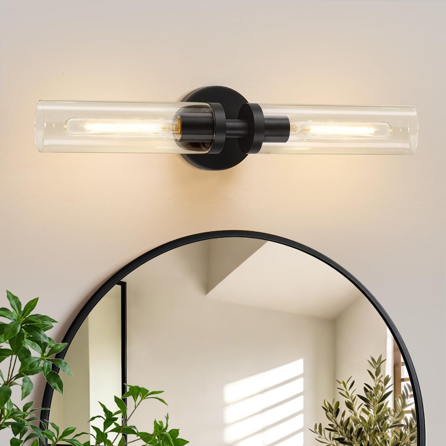 Indoi Hardwired Wall Sconces Set of Two, 22" Black and Gold Bathroom Sconces with Clear Glass, Modern Sconces Wall Decor Set of 2 Wall Light fixtures for Bathroom Mirror Living Room Hallway Bedroom