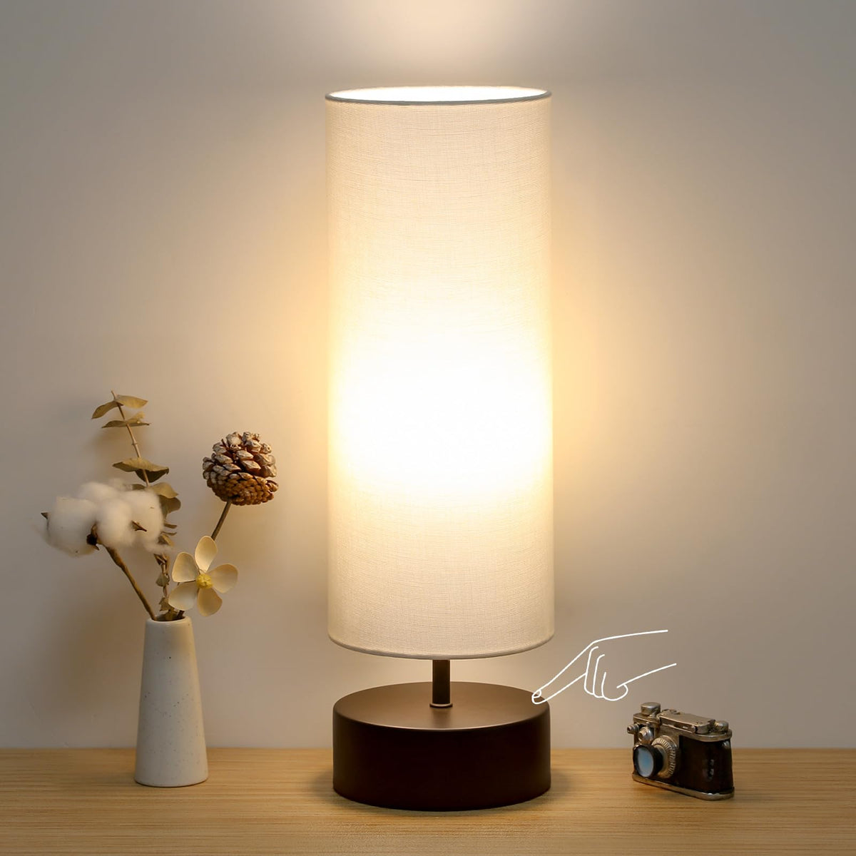 Touch Table Lamp, 3-Way Dimmable Bedside Lamp with Cylinder Fabric Shade | Modern Minimalist Accent Nightstand Desk Lamp, Night Light for Bedroom Living Room Kitchen, LED Bulb Included