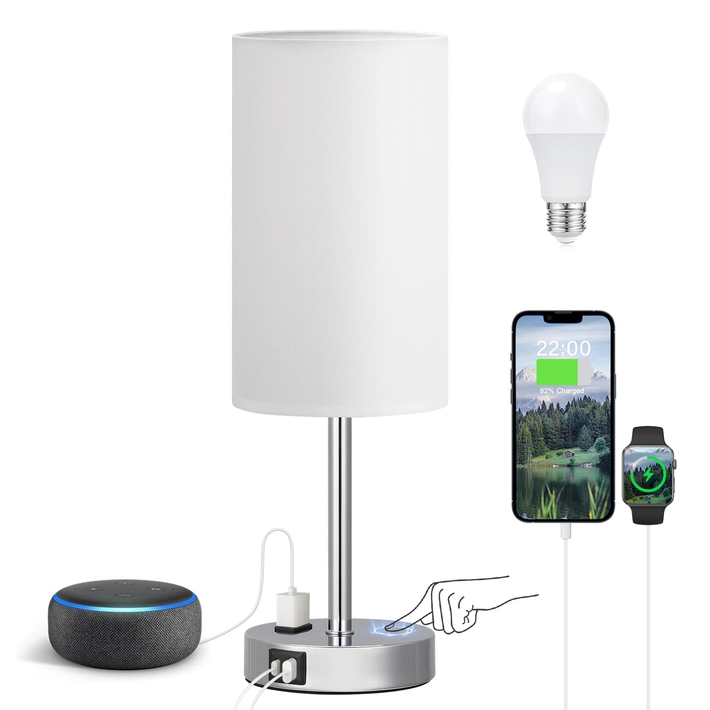 Bedside Table Lamp for Bedroom - Dimmable Touch, USB A+C, AC Outlet | 3-Way Dimmable, LED Bulb Included, Fabric Lampshade, Wood-Grain Metal Base, 14" Small Nightstand Lamp for Desk, Living Room