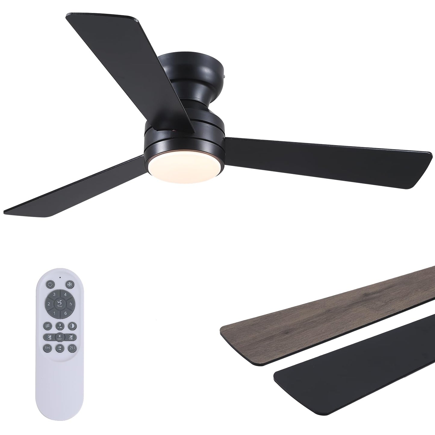 Asyko 46"Black 6-Blade Modern Low Profile Ceiling Fan with Light and Remote | 6 Double-Sided Blades,6 Wind Speeds, Reversible,Dimmable 3 CCT LED Light, 25W Quiet DC Motor,1/2H Timer,for Bedroom Kitchen