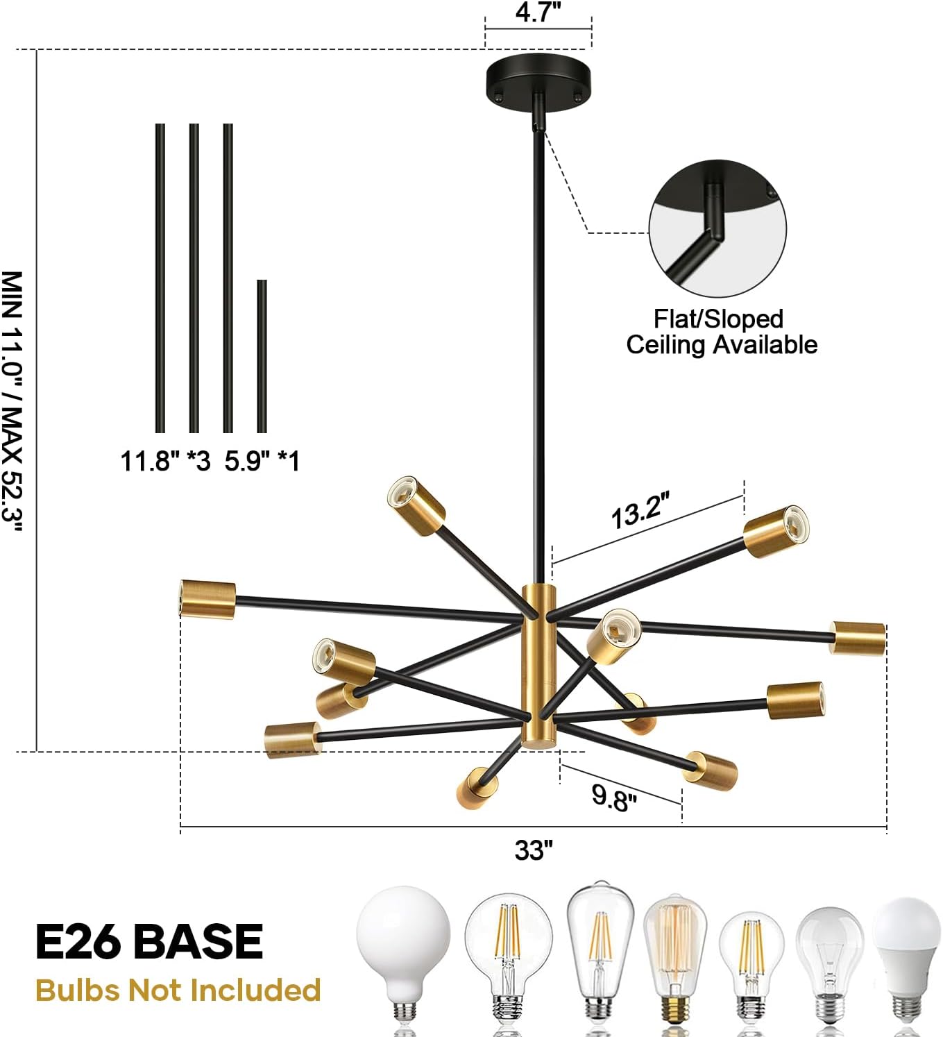 11"-52" Height Adjustable Modern Chandelier Ceiling Light Fixture, 12-Light Sputnik Chandeliers Brushed Gold and Matte Black Mid Century Chandelier Over Table, Chandeliers for Dining Room Living Room