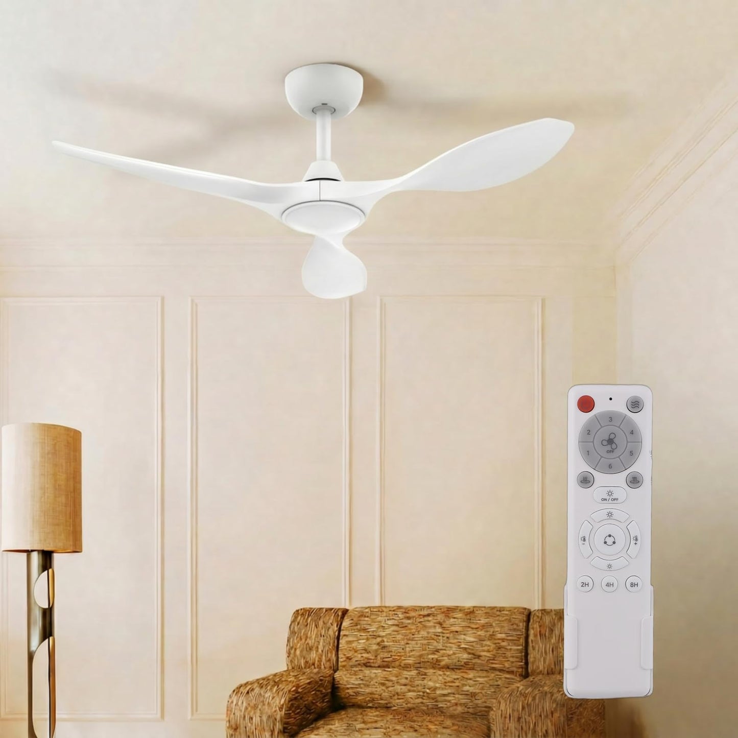 Roomratv 52'' Modern Ceiling Fan with Light, Wide Blade Design, Remote | DC Motor,Reversible,Color Adjustable,Dimmable,Led Light,6 Speeds,3 Timers,Modern,Plastic,Bedrooms, Living rooms,Indoor