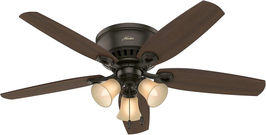 Hunter Builder, Indoor, Ceiling Fan, with LED Lights, 52 inch, New Bronze | Low Profile Flush Mount, Pull Chain, 5 Blades, For Bedroom, Living Room, Kitchen, 53327