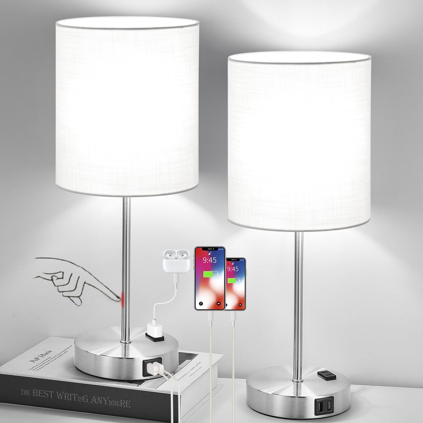 Set of 2 Touch Control Table Lamps with 2 USB & AC Outlet, 3-Way Dimmable Bedside Nightstand Lamps for Bedroom Living Room Nursery, 800 Lumens 5000K Daylight Bulbs Included