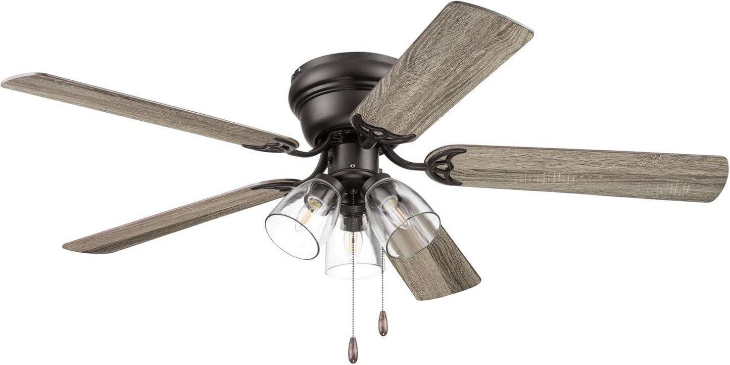 Portage Bay Ceiling Fans 52" Renton Bronze Indoor Fan with Clear 3 Light LED Multi Arm; E26/B11 Bulb and Pull-Chains, Traditional Style, 5 Reversible Barnwood/Dark Chestnut Blades, 51439