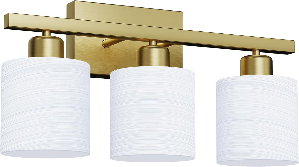 Bathroom Light Fixtures, Bathroom Lighting Fixtures Over Mirror, Interior Classic Vanity Lights, Modern Vanity Light with Textured White Glass Shade, Brushed Gold, 3-Light