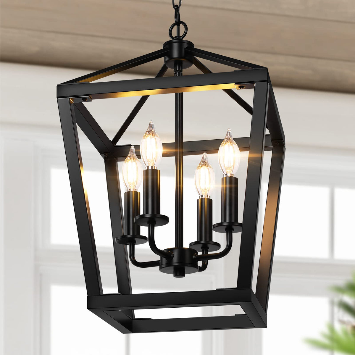 Black Farmhouse Chandelier, 4-Light Foyer Lighting Fixtures for Dining Room | Industrial Kitchen Lantern chandelier Over Table, Pendant Island Ceiling Light for Entryway, Metal Cage Adjustable Height