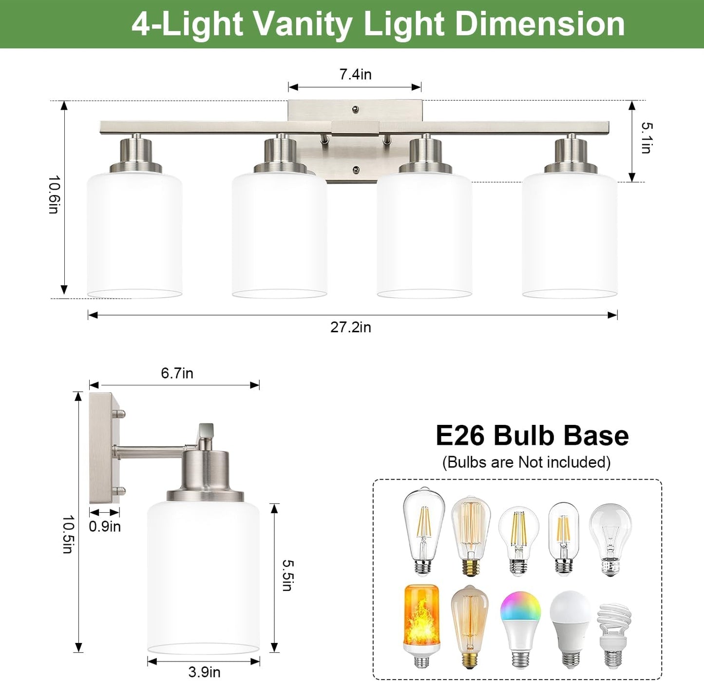 MOKATNG 4-Light Vanity Light with Milky White Shades, Brushed Nickel Bathroom Lighting Fixtures Over Mirror, Modern Bathroom Wall Lamp for Mirror Living Room Cabinet Bedroom