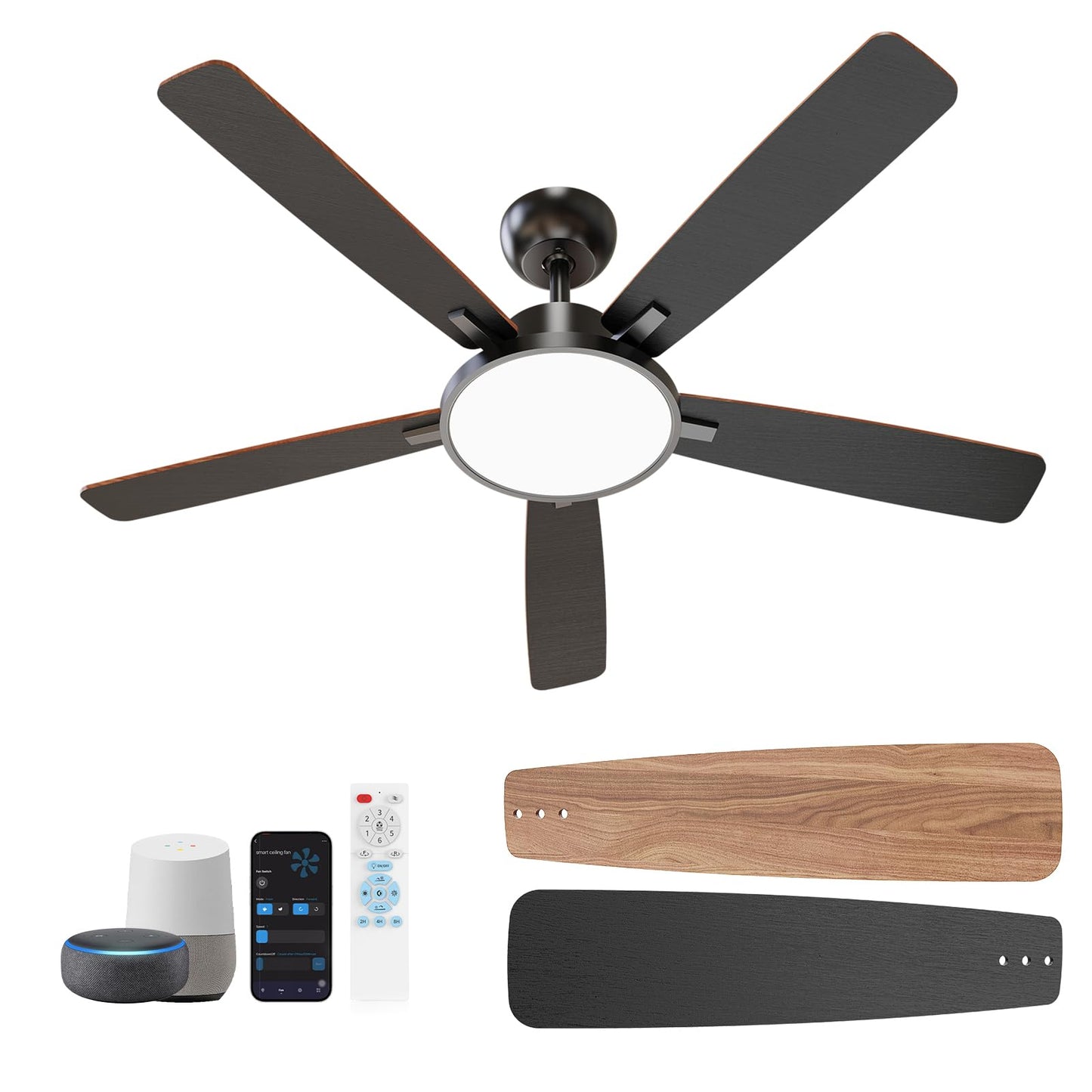 TALOYA 52 Inch Black Ceiling Fans with Lights Led Remote Control Flush Mount Low Profile for Bedroom Living Dining Room Outdoor Farmhouse Patio,Reversible,DC Motor,Diammable,Buzzer ON/Off,5 Blades