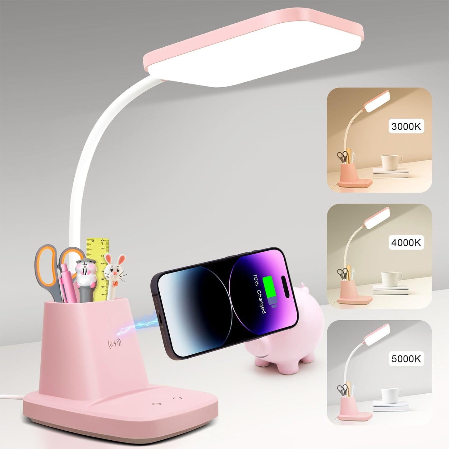 LED Desk Lamp with 10W Wireless Charging & Pen Holder, Black | CRI 95, 800LM, Stepless Dimming, 3 Modes, 360°Flexible Arm, Touch, Study Table Lamp for Home Office, Dorm Room, with Adapter