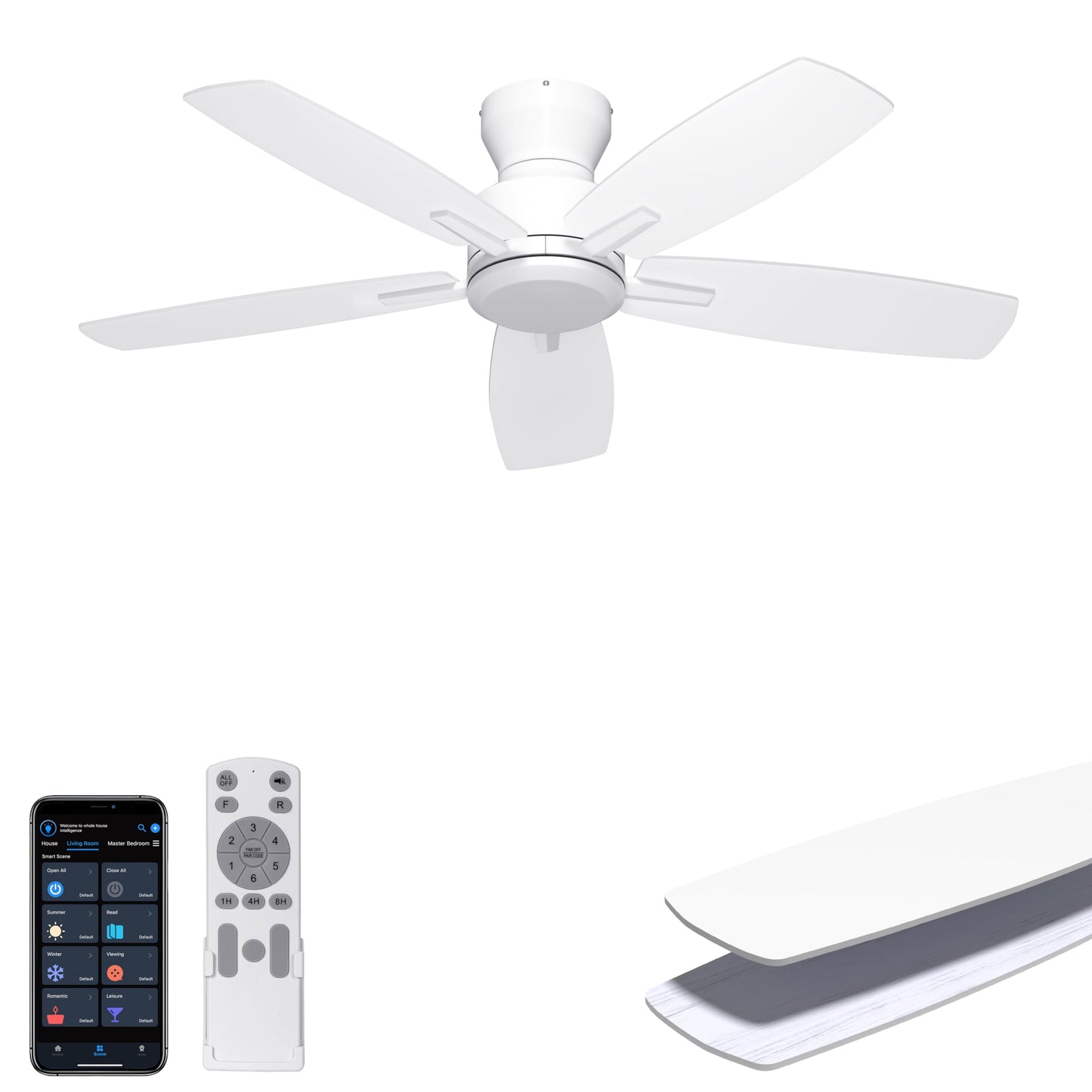 Ohniyou 52'' Low Profile Ceiling Fan with Lights, Remote/APP Control, Black | Flush Mount, Dimmable 3CCT LED, Quiet Reversible DC Motor; Memory Function, 4580 CFM, for Indoor Bedroom Living Room
