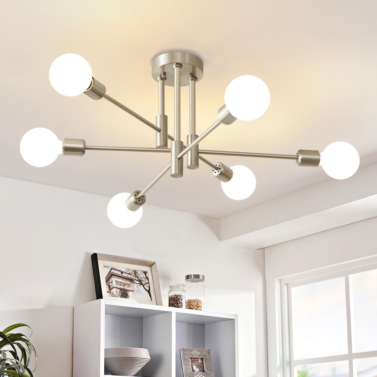 Modern Chandelier Ceiling Light Fixture, 6-Light Sputnik Dining Chandeliers | 31.18" Gold Chandelier Over Table, Mid Century Lights Fixture, Ideal for Dining Room Living Room Kitchen Island(No Lampshade)
