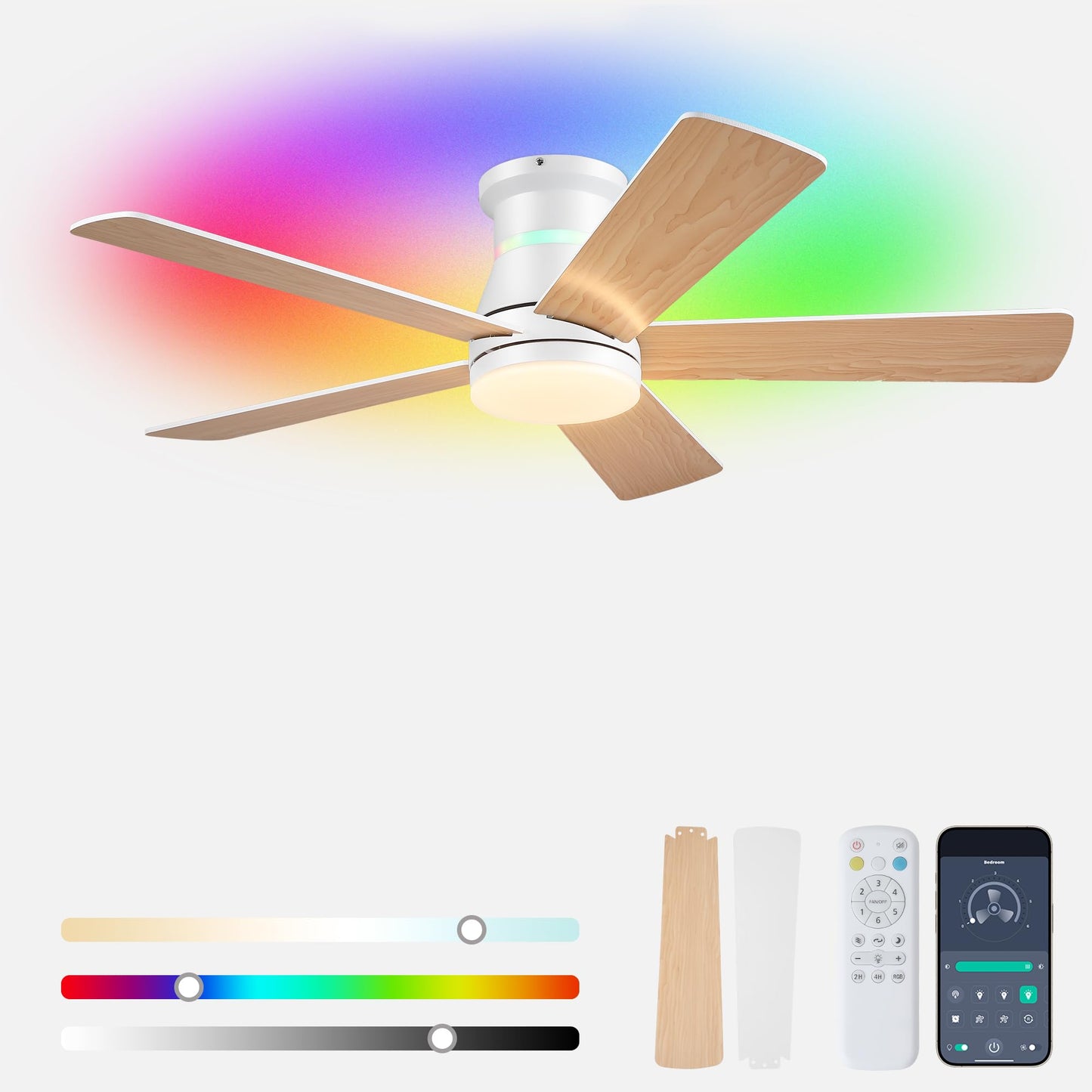 Ayaoty Ceiling Fans with Lights - 52in Flush Mount Ceiling Fan with RGB Dimmable, 3CCT 6 Wind Speeds and Reversible Quiet Motor, Low Profile RGB Fan Light for Modern Indoor, Party - Black