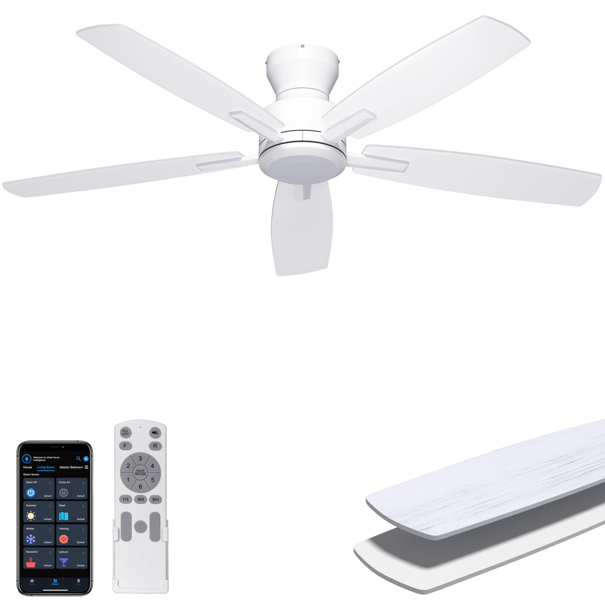 Ohniyou 52'' Low Profile Ceiling Fan with Lights, Remote/APP Control, Black | Flush Mount, Dimmable 3CCT LED, Quiet Reversible DC Motor; Memory Function, 4580 CFM, for Indoor Bedroom Living Room