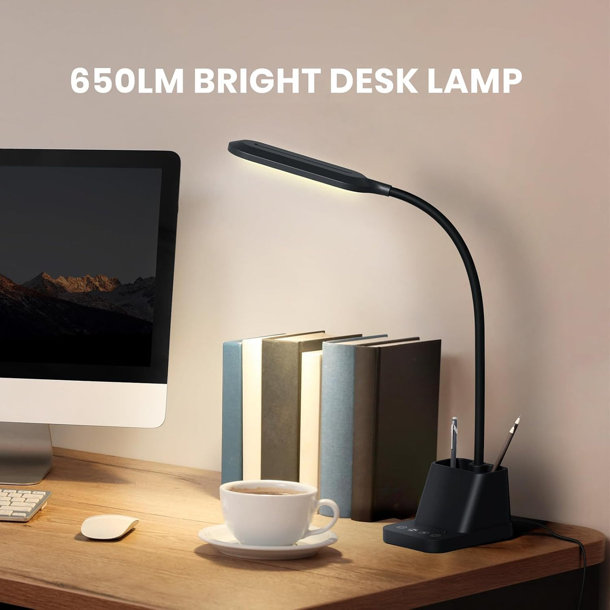 LED Desk Lamp with USB Charging Port for College Dorm Room | for Home Office Bedrooms, Back to School, Black, Small, 650LM, Pen Holder, Timer Settings, Gooseneck, Study Light