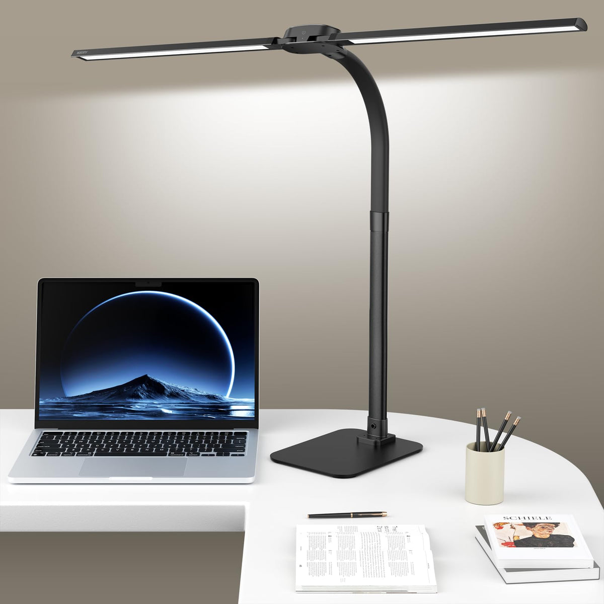 Kary LED Desk Lamp, Flexible Gooseneck Task Light with Base and Timer | 12W Tall Architect Lamp for Home Office Working, Reading, Crafting, Study, 5-Level Dimmable Brightness and Color