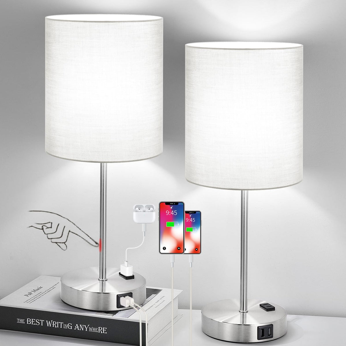 Set of 2 Touch Control Table Lamps with 2 USB & AC Outlet, 3-Way Dimmable Bedside Nightstand Lamps for Bedroom Living Room Nursery, 800 Lumens 5000K Daylight Bulbs Included