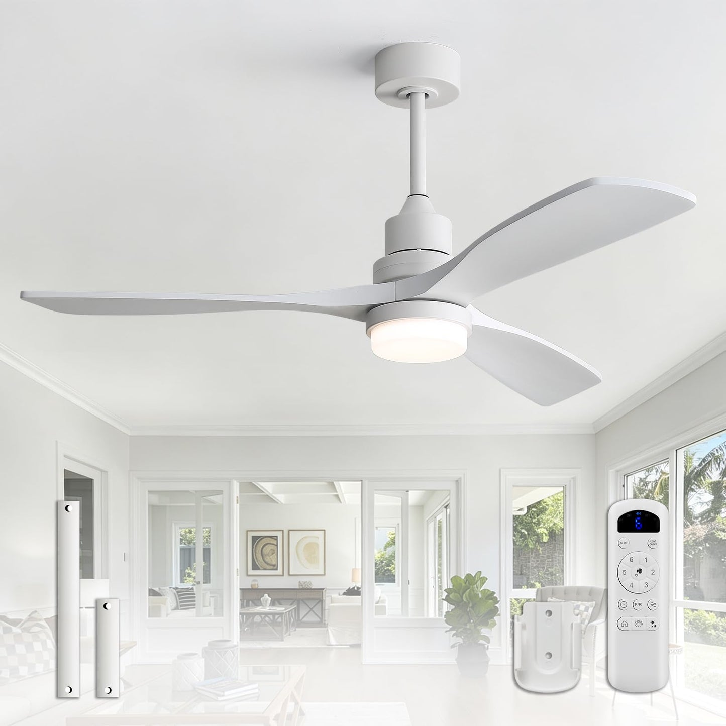 Sofucor 52 Inch Wood Ceiling Fans with Lights and Remote, Indoor/Outdoor | Modern, 3 Blade, Quiet Reversible DC Motor, 3CCT Dimmable, 6 Speeds, Timer, Bedroom/Living Room/Patio/Kitchen, Natural Wood