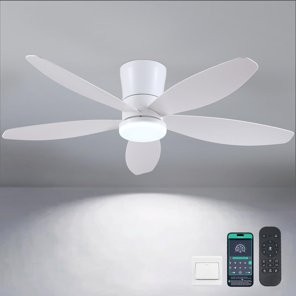 42" Ceiling Fans with Lights-Low Profile Ceiling Fan with Light and Remote Control,Flush Mount,DC Reversible,LED Dimmable Blakc Ceiling Fans for Bedroom,Indoor/Outdoor Patio Use