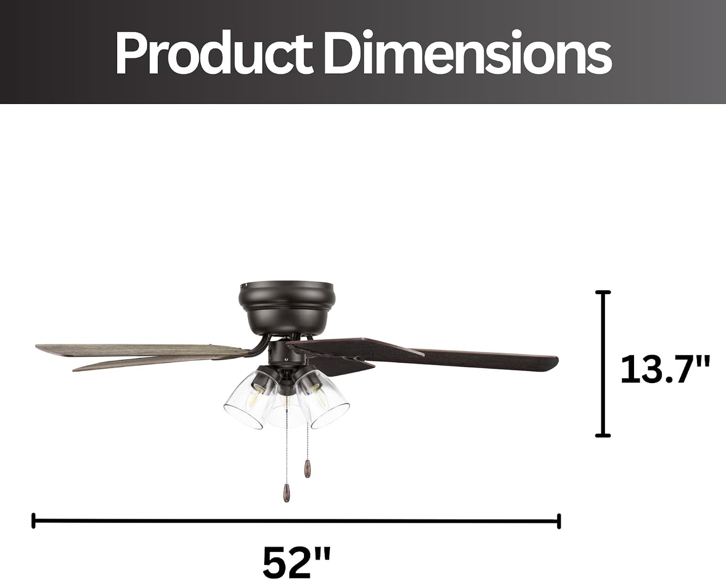 Portage Bay Ceiling Fans 52" Renton Bronze Indoor Fan with Clear 3 Light LED Multi Arm; E26/B11 Bulb and Pull-Chains, Traditional Style, 5 Reversible Barnwood/Dark Chestnut Blades, 51439
