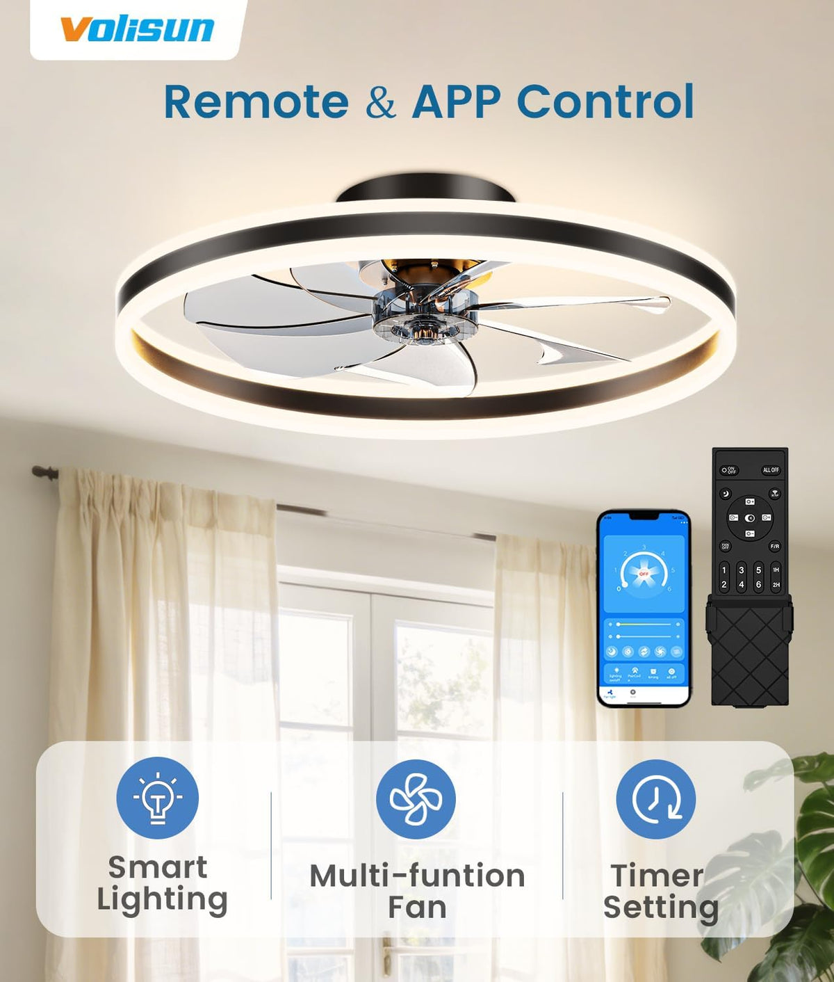 VOLISUN Low Profile Ceiling Fans with Lights and Remote, 27.6in Flush Mount Ceiling Fans with Light, 3000K-6500K Dimmable Fandelier LED Fan Light, Black Bladeless Ceiling Fans with Lights for Bedroom
