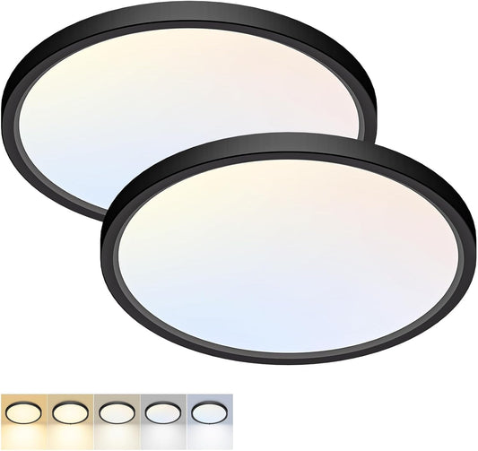 2Pack 12Inch LED Flush Mount Ceiling Light 5 Color Temperatures | 3000K/3500K/4000K/5000K/6500K 24W Black LED Ceiling Light Fixture for Bathroom Closet Kitchen Bedroom Hallway Porch Pantry