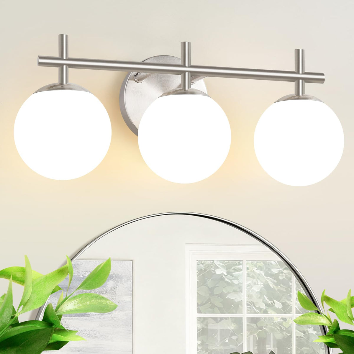3-Light Bathroom Light Fixtures, Brushed Gold Vanity Lights for Bathroom with Milky White Glass Globe Shade, 19.3 inch Bathroom Lighting Fixtures Over Mirror, Wall Sconce for Bedroom(Bulb Not Included