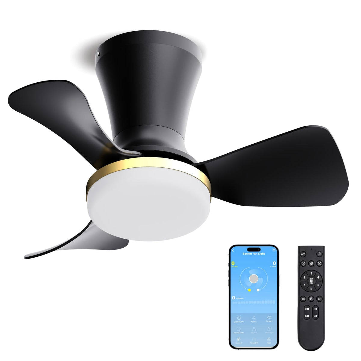 LANMEL Metal Ceiling Fan with Lights and Remote, 42 Inch, Gold & Black | Modern Low Profile Flush Mount, Reversible, 3CCT Dimmable, Quiet, LED, For Bedroom, Living Room, Indoor/Outdoor Patio Use