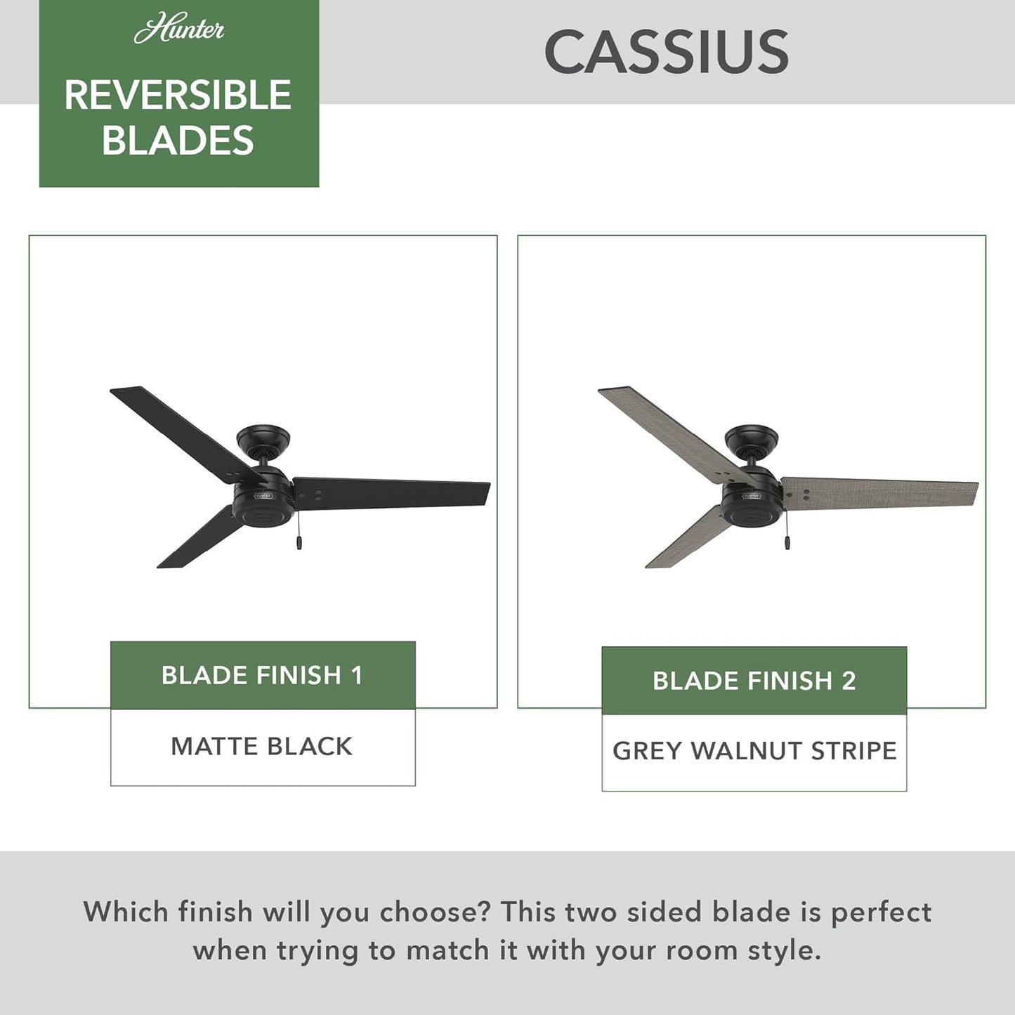 Hunter Cassius, Outdoor or Indoor, Ceiling Fan, 52 inch, Matte Black | No Light, Standard Mount, Pull Chain, 3 Blades, For Living Room, Patio, Porch, Garage, 59264