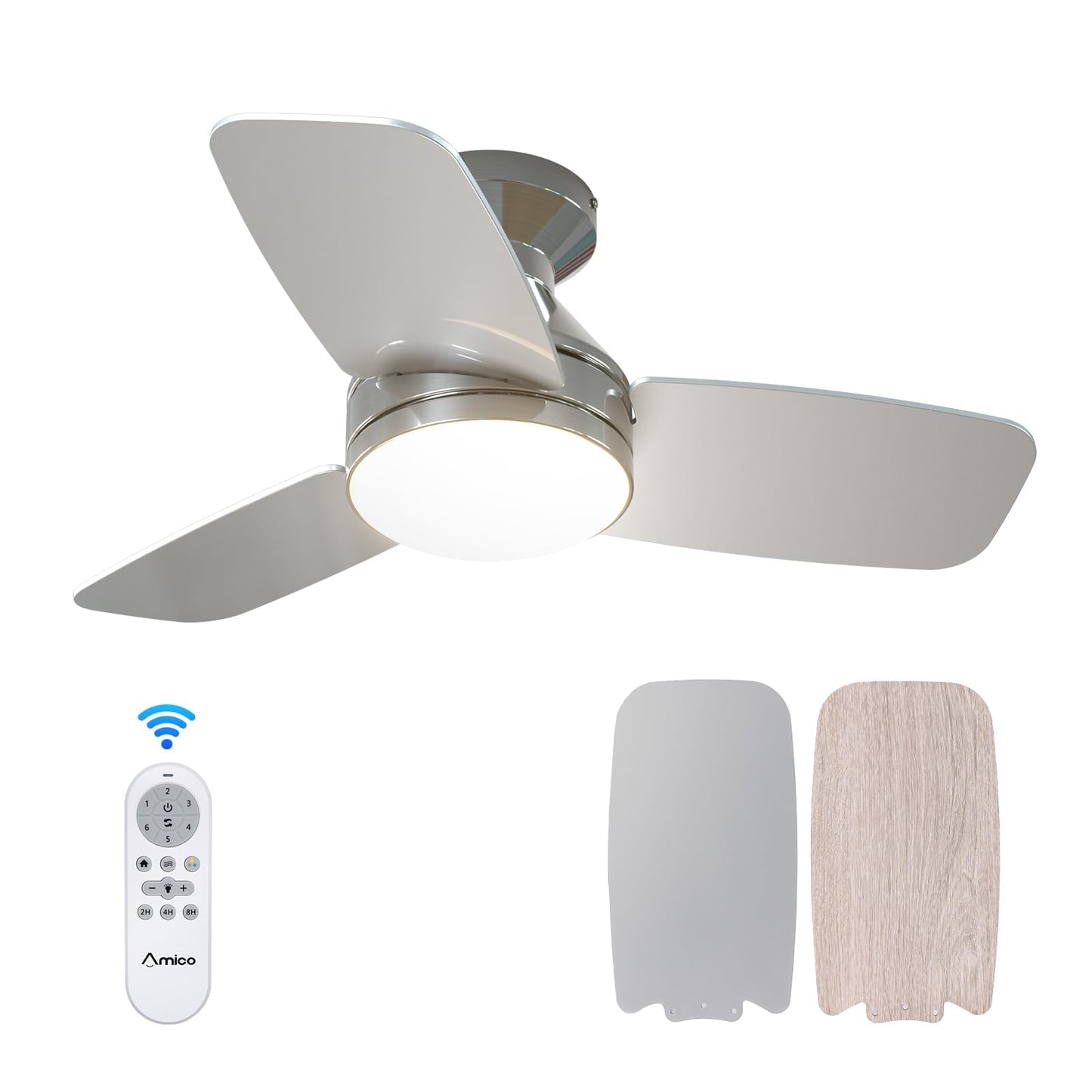 Amico 52 Inch Black Low Profile Ceiling Fans with Lights and Remote | Flush mount, 3-color dimmable light, quiet reversible DC motor, easy install, memory, timer, bedroom, covered outdoor areas