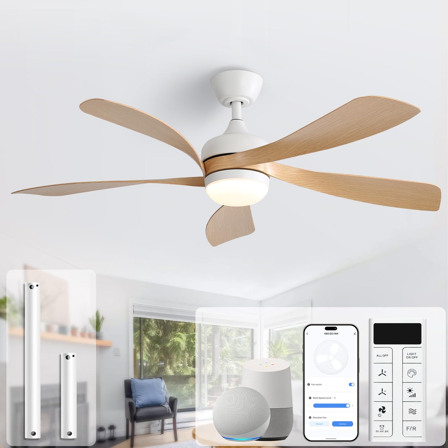 Sofucor 52 Inch Ceiling Fan with Light, 5 ABS Blades Brown | Remote Control Compatible, Reversible Quiet DC Motor, Timer, 6 Speeds, 3-CCT for Living Room Bedroom Patio Farmhouse