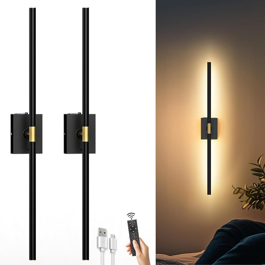 Battery Operated Wall Sconces Set of 2, 10000mAh, Black | Detachable rechargeable battery, 31.5" wireless lighting for TV wall mirror bedroom or living room decor
