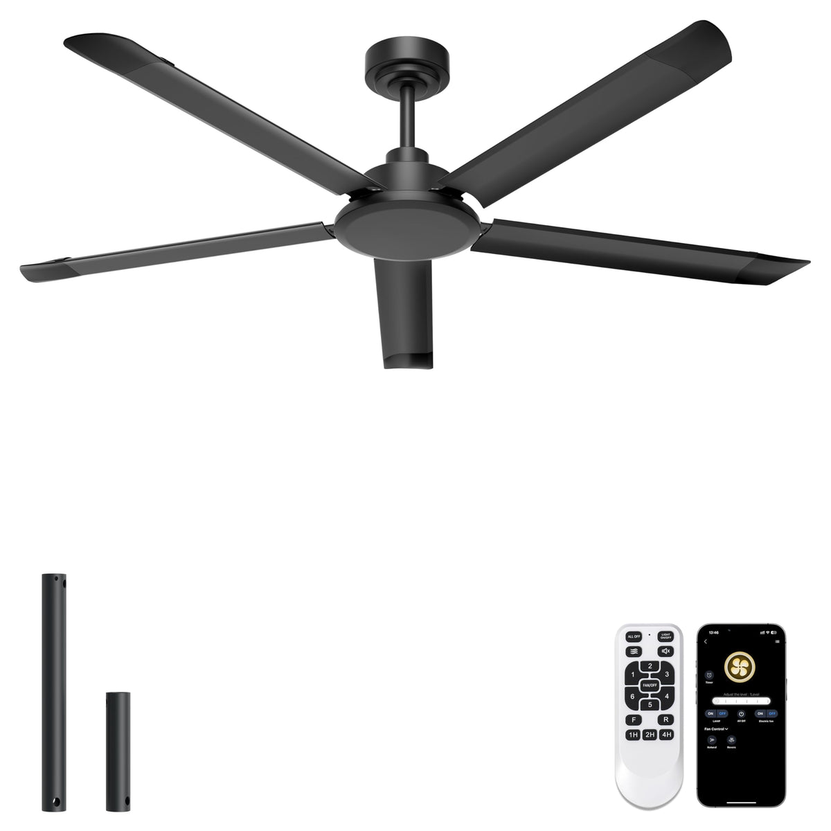 Ohniyou 60'' Industrial Ceiling Fan with Light for Patio, Porch, Black | 6800 CFM Airflow, 35dB DC Motor, 5 Aluminum Blades, 3CCT Dimming, Remote/APP Control, Covered Outdoor Metal Fan