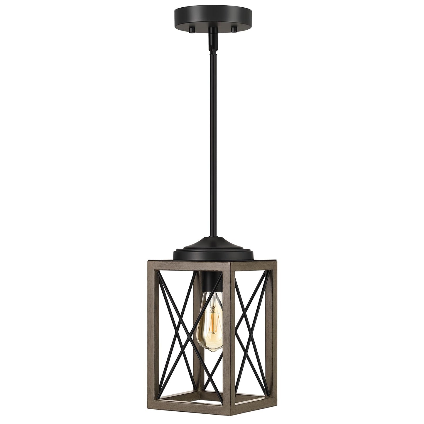 DEWENWILS Farmhouse Pendant Light, Metal Hanging Light Fixture with Wooden Grain Finish, 48 Inch Adjustable Pipes for Flat and Slop Ceiling, Kitchen Island, Bedroom, Dining Hall, E26 Base