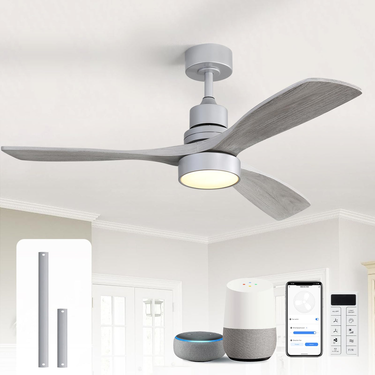 Sofucor 52 Inch Wood Ceiling Fans with Lights and Remote, Indoor/Outdoor | Modern, 3 Blade, Quiet Reversible DC Motor, 3CCT Dimmable, 6 Speeds, Timer, Bedroom/Living Room/Patio/Kitchen, Natural Wood