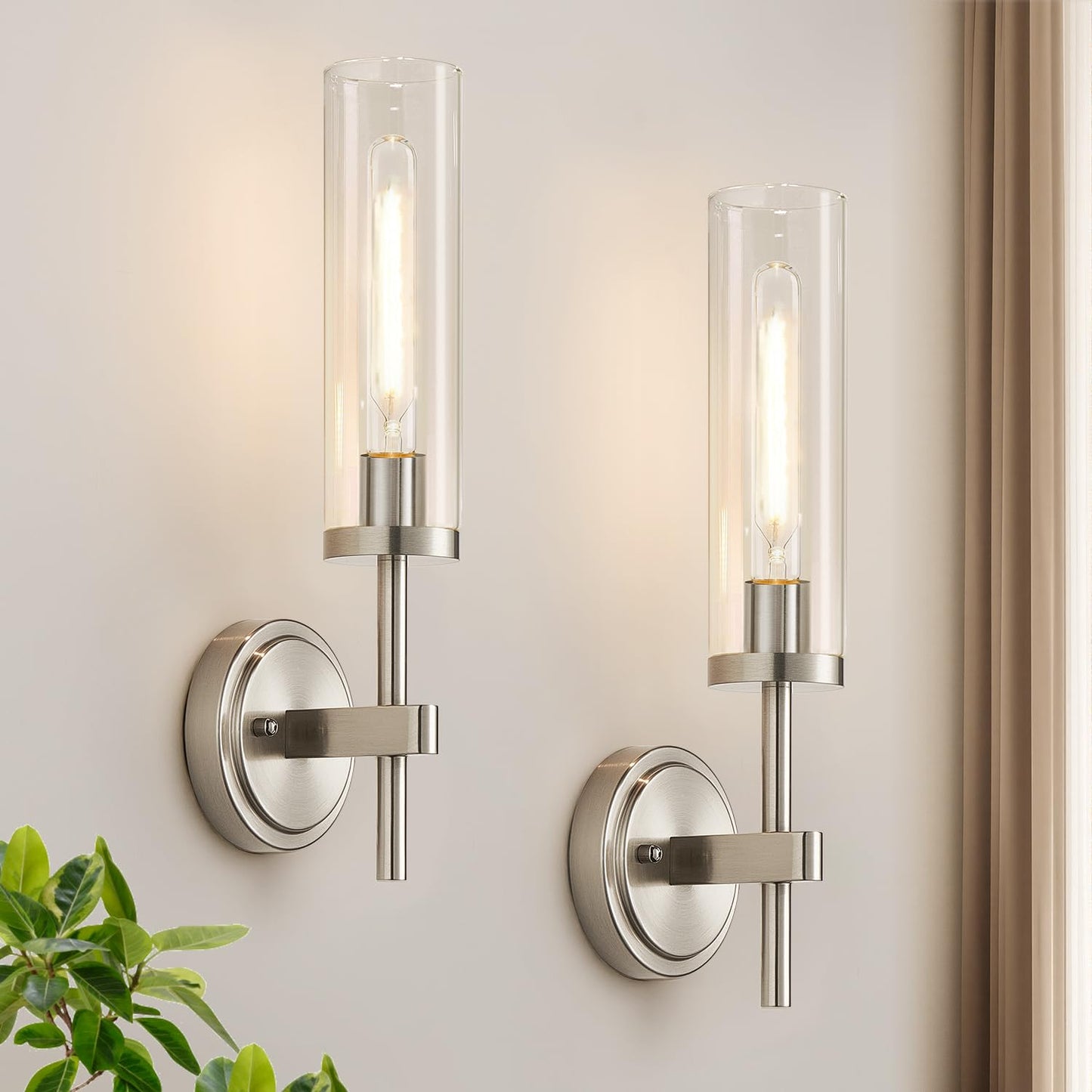 [Hardwired] Wall Sconces Set of Two, Brushed Gold Bathroom Sconces with Clear Glass, Modern Wall Light Fixtures for Bathroom Mirror Vanity, Living Room, Bedroom, Hallway, Stairway, Cabinet, Foyer
