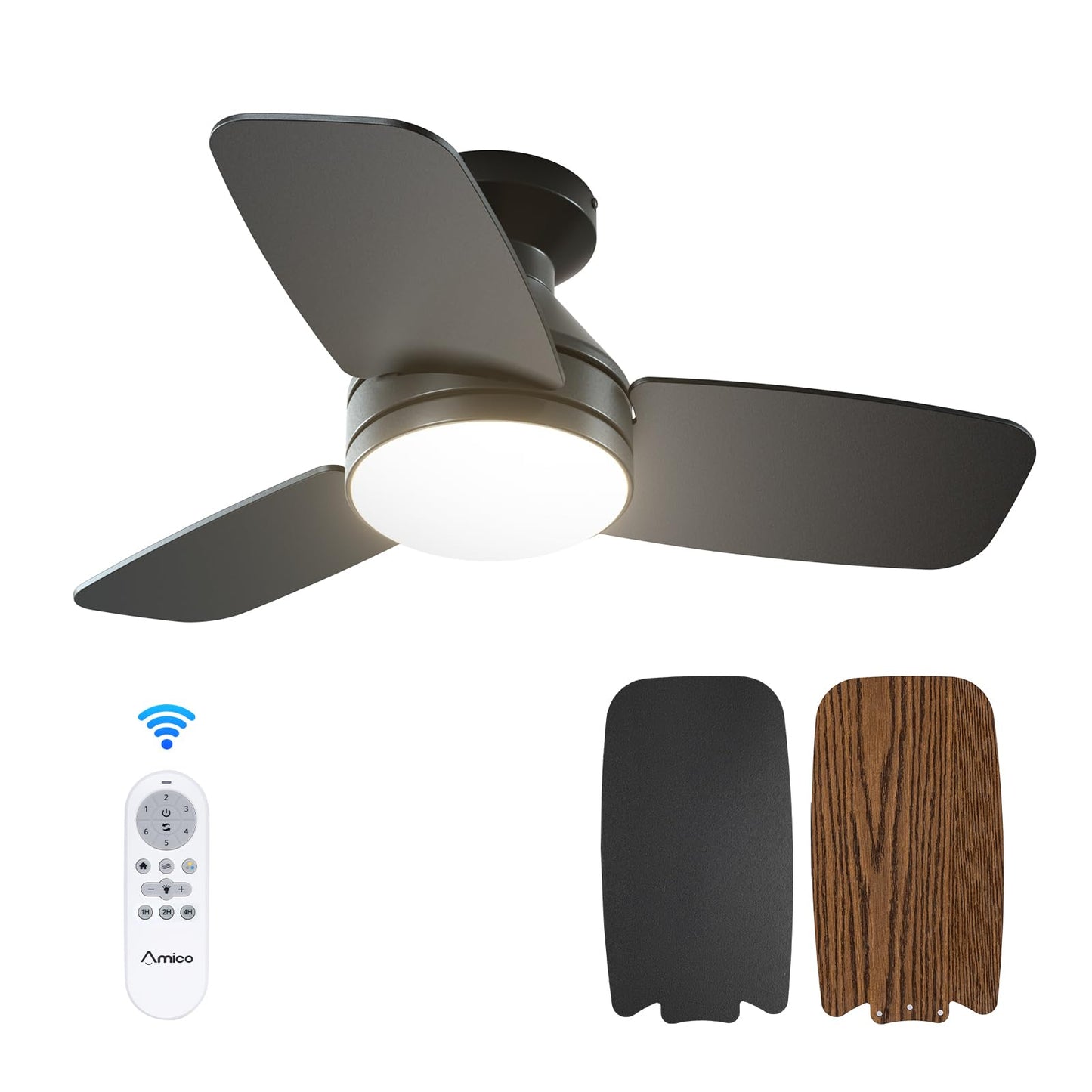 Amico 52 Inch Black Low Profile Ceiling Fans with Lights and Remote | Flush mount, 3-color dimmable light, quiet reversible DC motor, easy install, memory, timer, bedroom, covered outdoor areas
