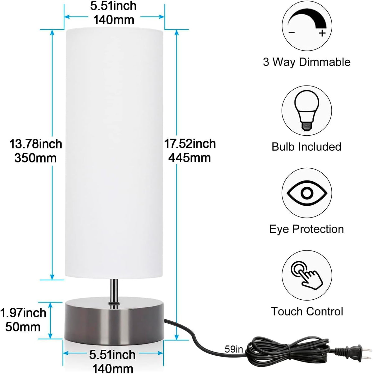 Touch Table Lamp, 3-Way Dimmable Bedside Lamp with Cylinder Fabric Shade | Modern Minimalist Accent Nightstand Desk Lamp, Night Light for Bedroom Living Room Kitchen, LED Bulb Included