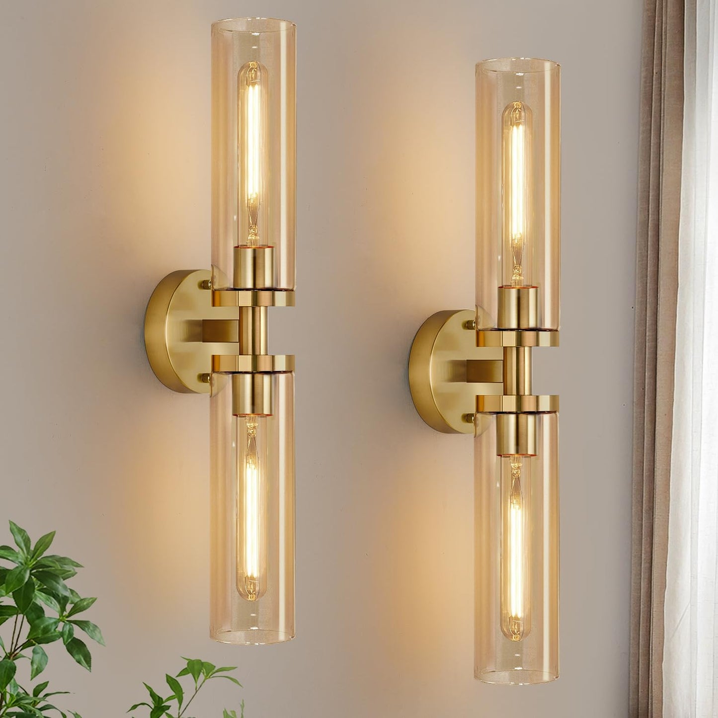 Indoi Hardwired Wall Sconces Set of Two, 22" Black and Gold Bathroom Sconces with Clear Glass, Modern Sconces Wall Decor Set of 2 Wall Light fixtures for Bathroom Mirror Living Room Hallway Bedroom
