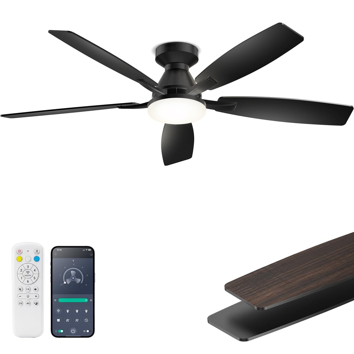 42 Inch Ceiling Fans with Lights, Quiet Reversible Fan with DC Motor, Remote & APP Control, 6-Speed, 3 Color Temperatures, Dimmable, Ceiling Fan for Bedroom Living Room,Black