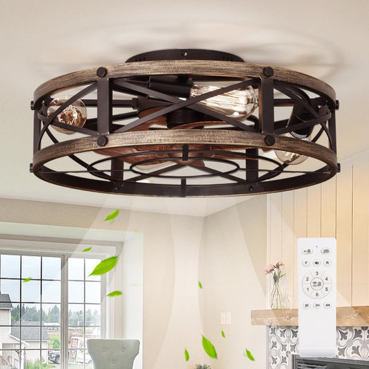 SHLUCE Caged Ceiling Fan with Light and Remote, Farmhouse Fandelier | 19" Flush Mount Small Rustic Low Profile Bladeless Design, Quiet Operation, ETL Listed, for Kitchen & Bedroom Indoor Use