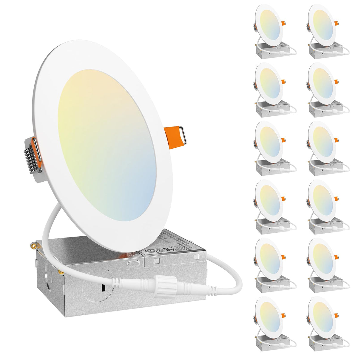 Amico 12 Pack 6 Inch LED Recessed Lighting, Canless Wafer Downlight, White | 5CCT 2700K-5000K, 5%-100% Dimmable, Ultra-thin, Metal housing, 1050LM 12W 120V, IC & Damp Rated, ETL & FCC, 50000h Life Span
