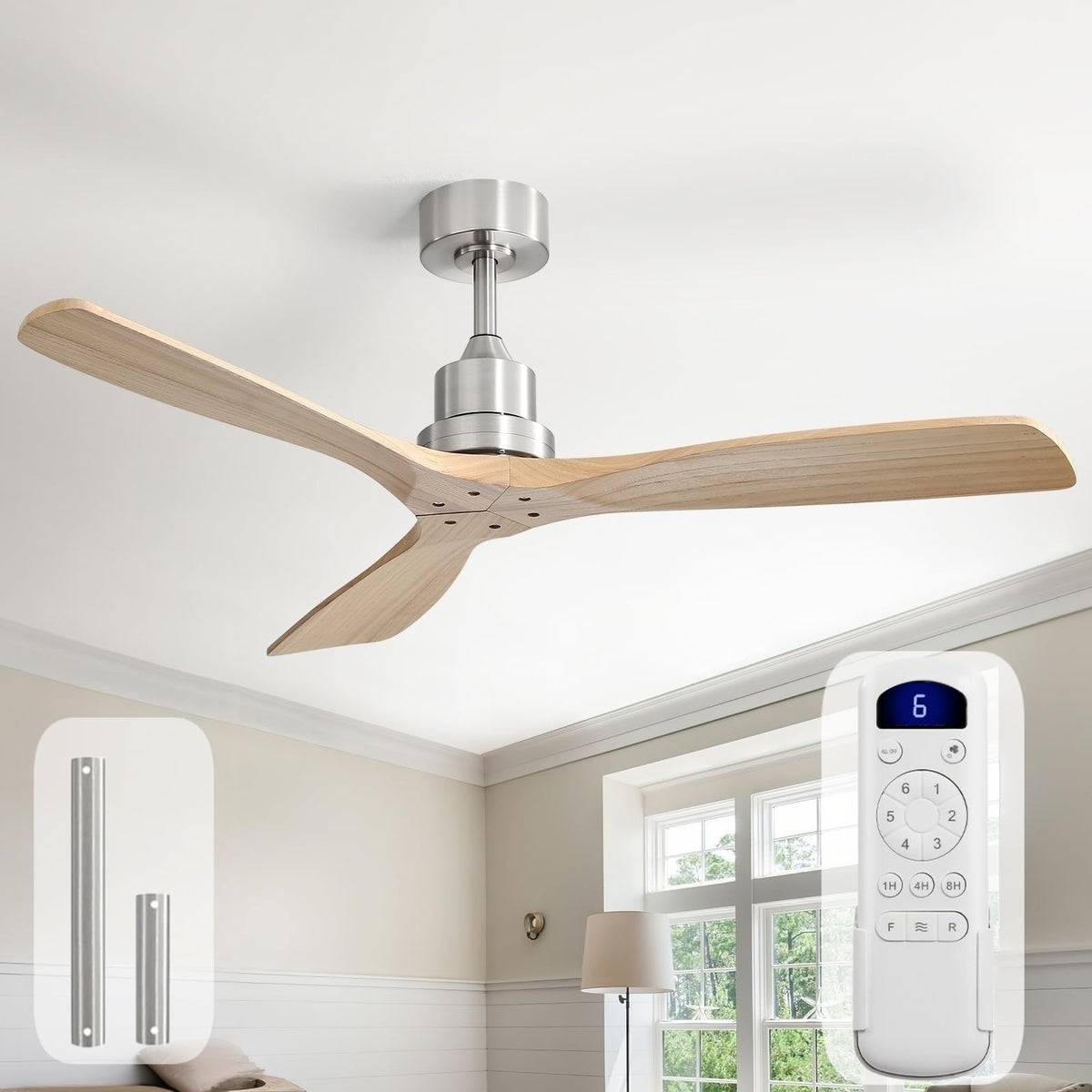 Sofucor 52 Inch Wood Ceiling Fans with Lights and Remote, Indoor/Outdoor | Modern, 3 Blade, Quiet Reversible DC Motor, 3CCT Dimmable, 6 Speeds, Timer, Bedroom/Living Room/Patio/Kitchen, Natural Wood
