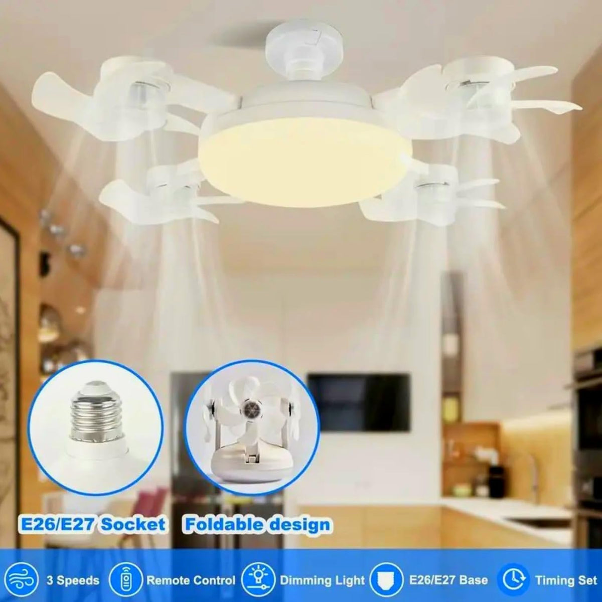 Ceiling Fan with Light and Remote E26 E27 3 Speeds 3 Colors 2 Timers Quiet Foldable Modern LED Drone Fan Light socket fan for Living Room Bedroom (4 Head)