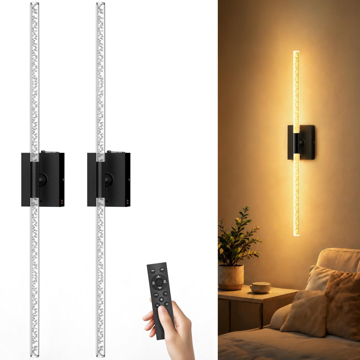 Battery Operated Wall Sconces Set of 2, 10000mAh, Black | Detachable rechargeable battery, 31.5" wireless lighting for TV wall mirror bedroom or living room decor