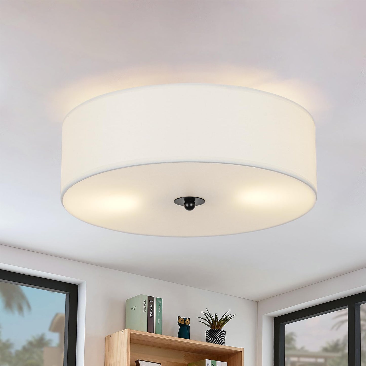 CALOKES Flush Mount Ceiling Light Fixture, 13" Close to Ceiling Light with Beige Fabric Linen Drum Shade, 2-Light Modern Round Ceiling Light for Bedroom Hallway Dining Kitchen