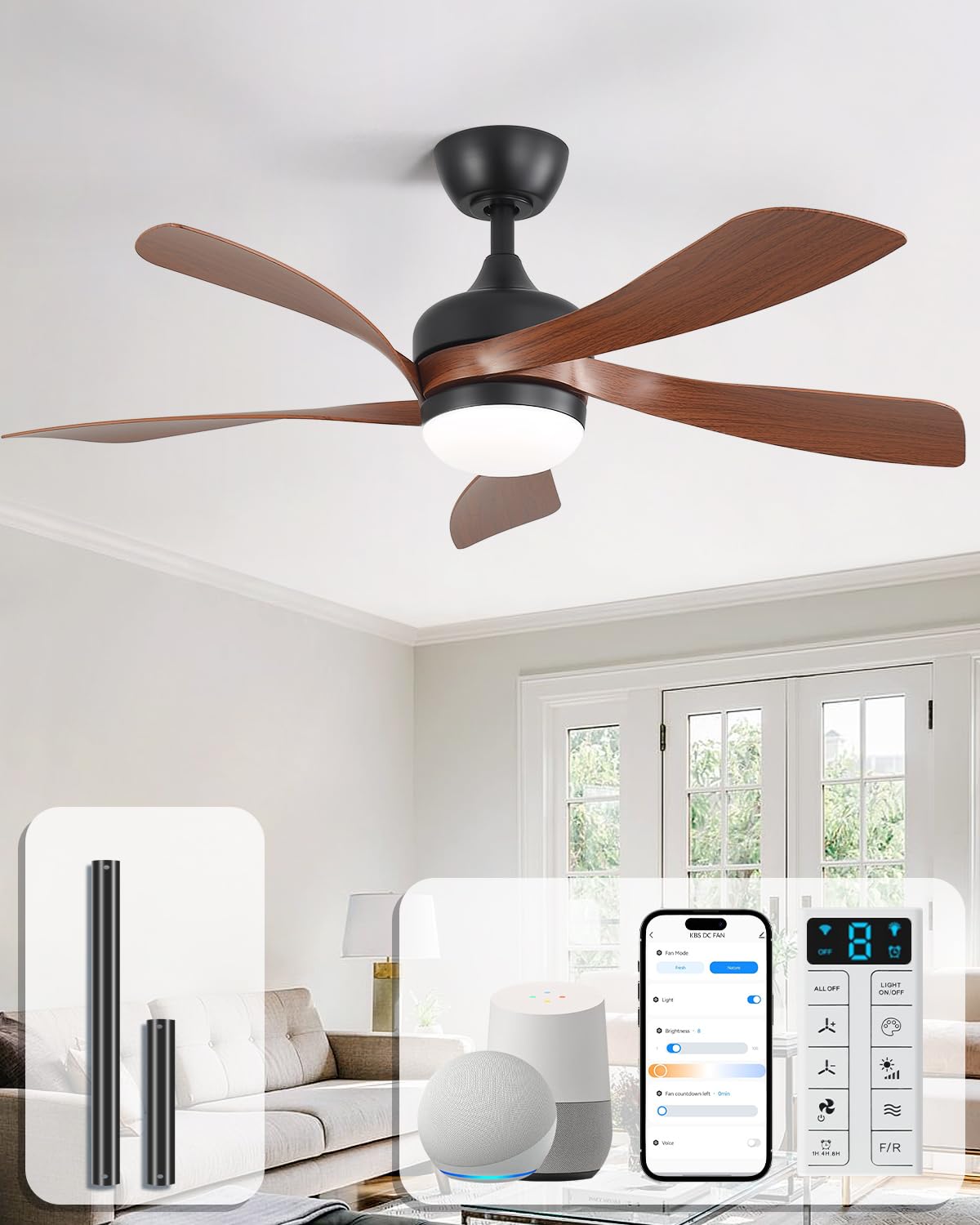 Sofucor 52 Inch Ceiling Fan with Light, 5 ABS Blades Brown | Remote Control Compatible, Reversible Quiet DC Motor, Timer, 6 Speeds, 3-CCT for Living Room Bedroom Patio Farmhouse